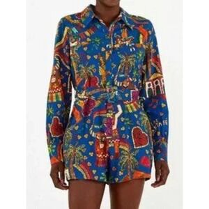 FARM Rio Blue Printed Belted Button Front Long Sleeve Romper‎ Jumpsuit Size L